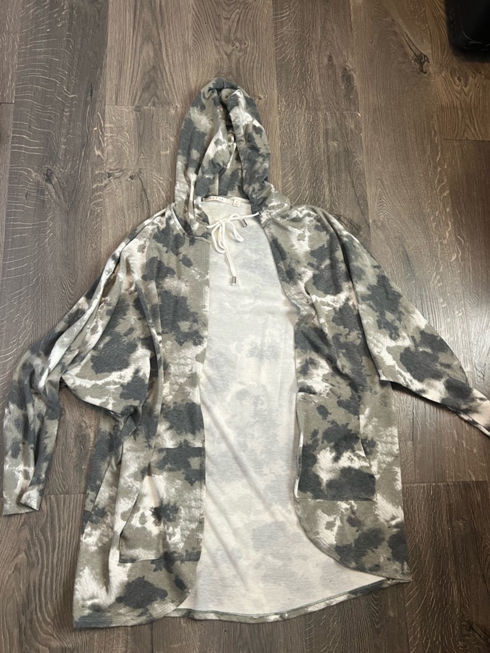 Lightweight Tie-Dye Hooded Cardigan - Gray & Cream